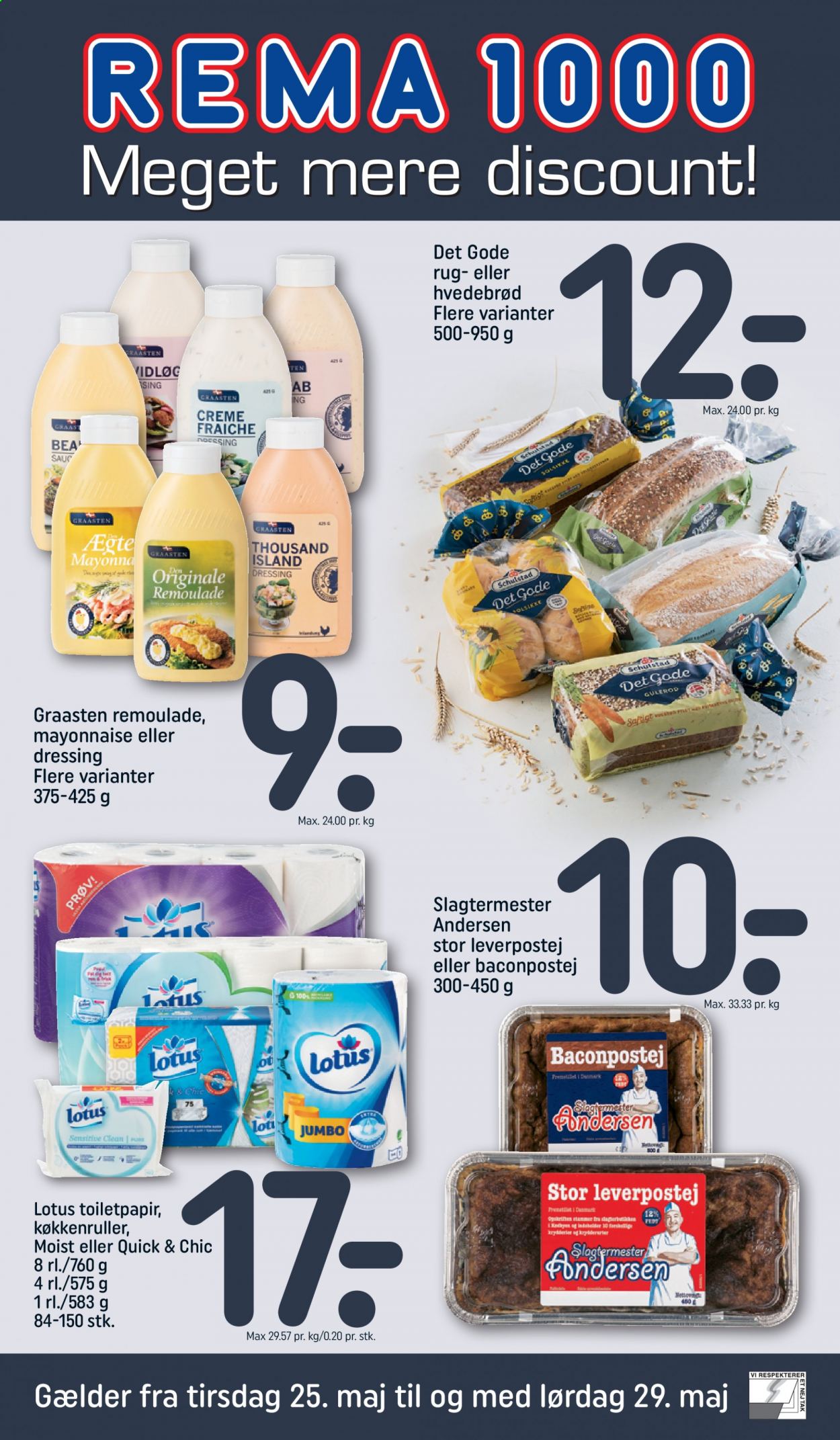 thumbnail - Rema 1000 tilbud  - 25.5.2021 - 29.5.2021 - tilbudsprodukter - leverpostej, Crème Fraîche, mayonnaise, remoulade, dressing, toiletpapir. Side 1.