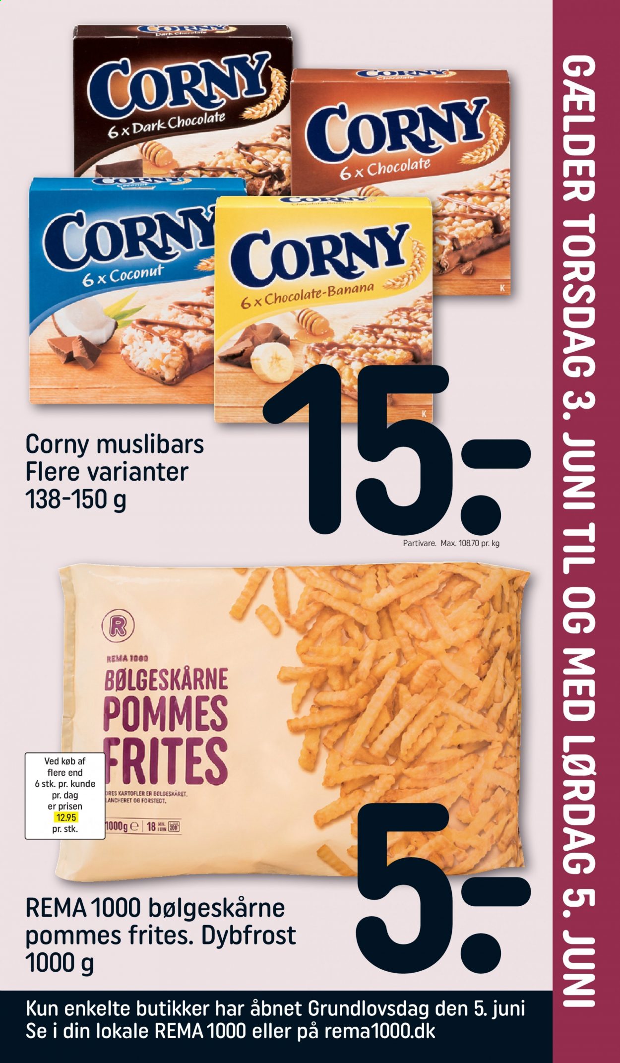 thumbnail - Rema 1000 tilbud  - 3.6.2021 - 5.6.2021 - tilbudsprodukter - kartofler, pommes frites, Corny. Side 1.