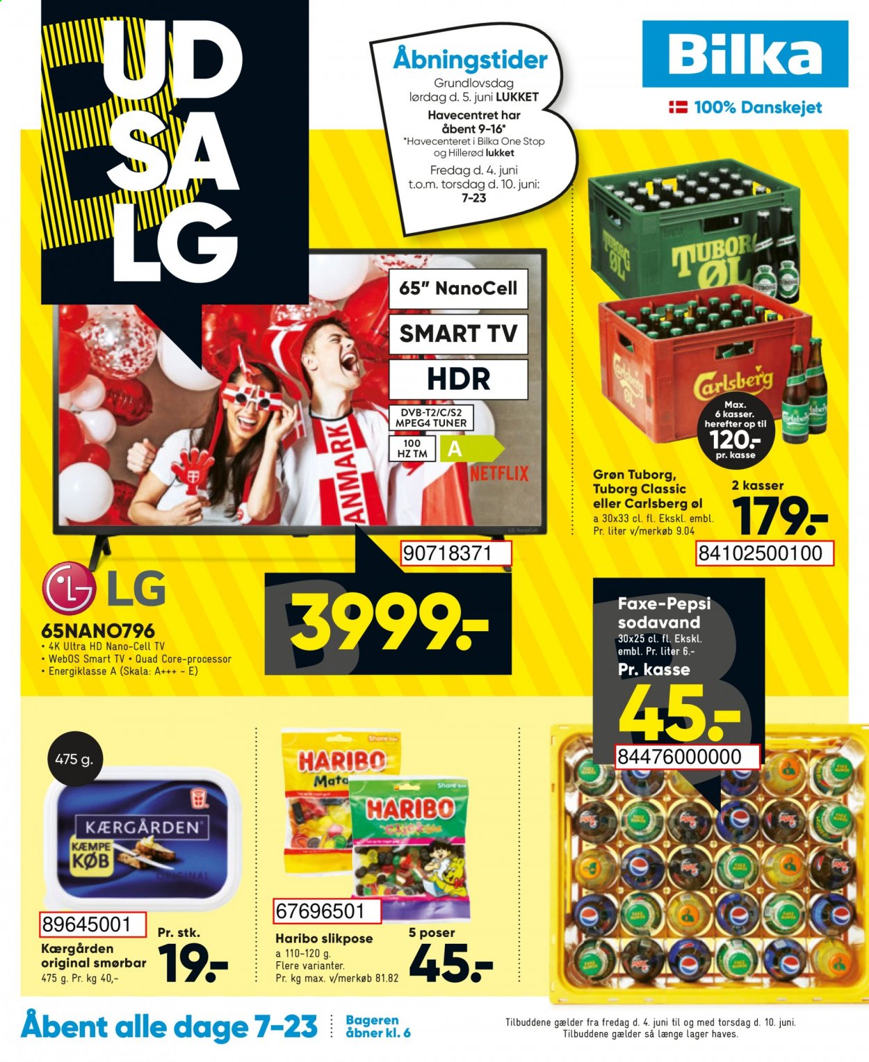 thumbnail - Bilka tilbud  - 4.6.2021 - 10.6.2021 - tilbudsprodukter - Carlsberg, Tuborg, Kærgården, Pepsi, sodavand, Smart TV. Side 1.