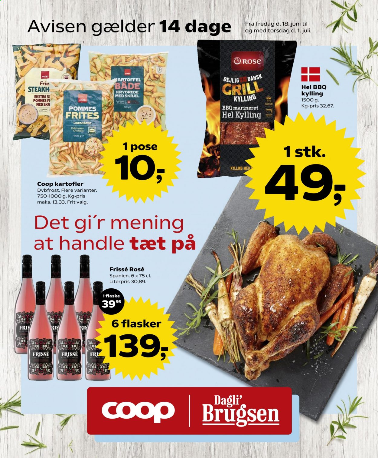thumbnail - Dagli'Brugsen tilbud  - 18.6.2021 - 1.7.2021 - tilbudsprodukter - kartofler, kylling, ris. Side 1.