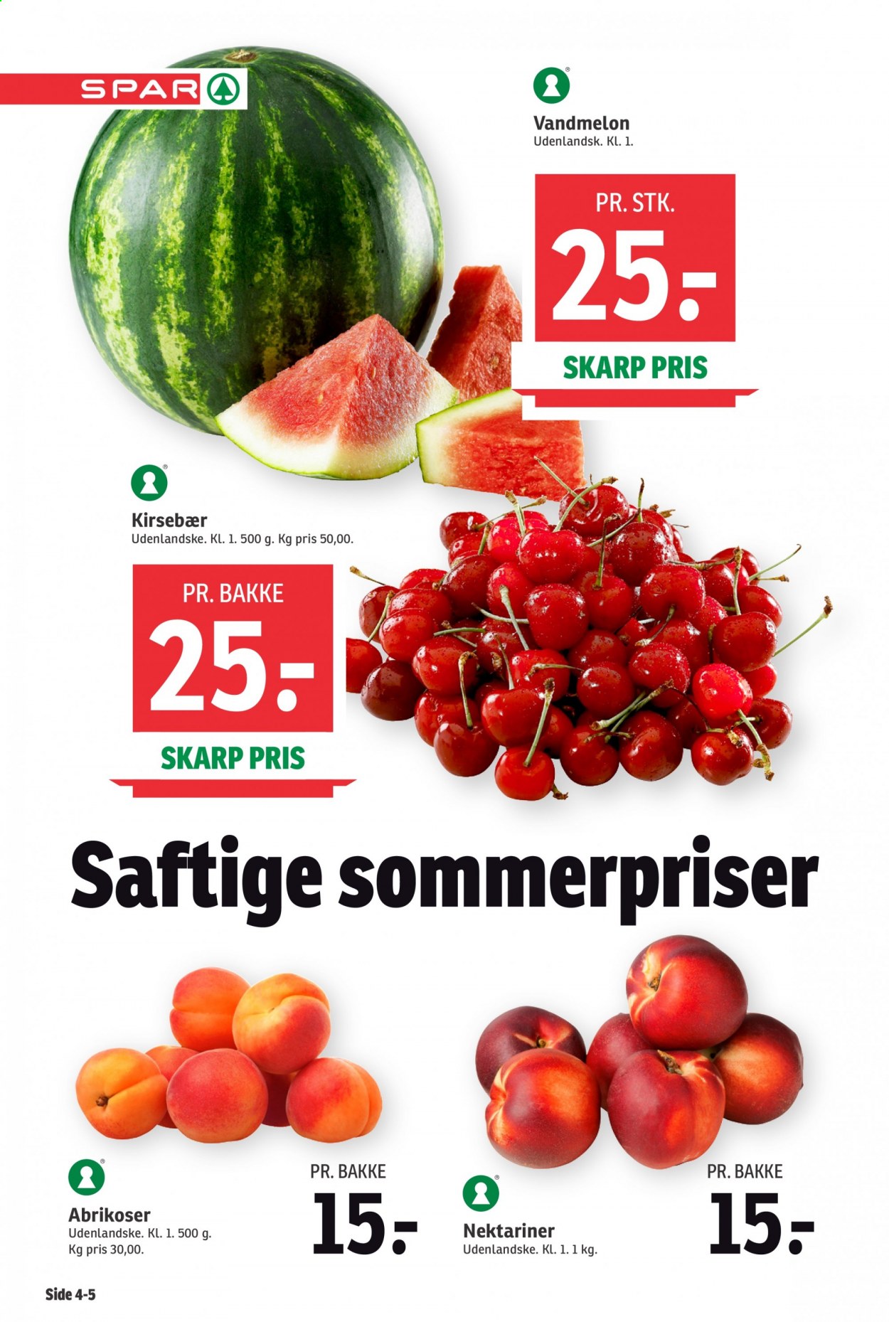 thumbnail - SPAR tilbud  - 19.6.2021 - 25.6.2021 - tilbudsprodukter - abrikoser, kirsebær, nektarin, vandmelon. Side 4.