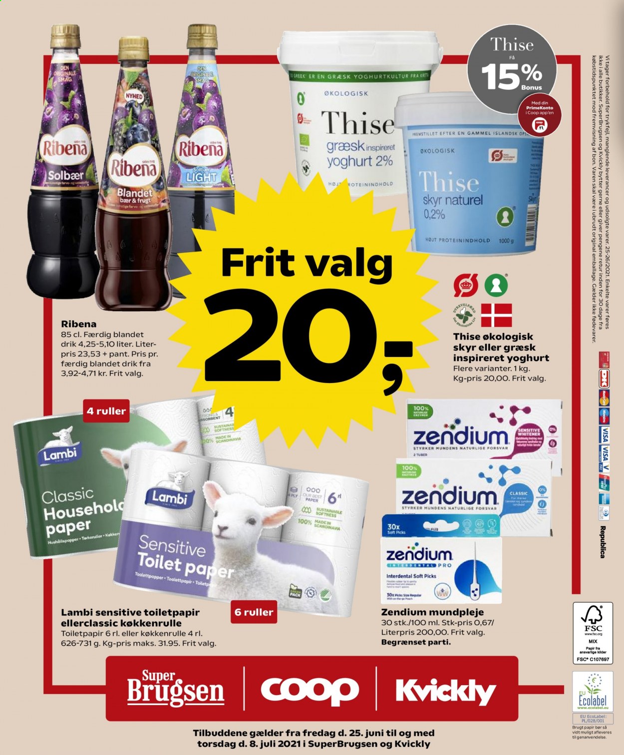 thumbnail - SuperBrugsen tilbud  - 25.6.2021 - 8.7.2021 - tilbudsprodukter - yoghurt, skyr, Ribena, køkkenrulle, Lambi, toiletpapir, mundpleje, Zendium. Side 32.