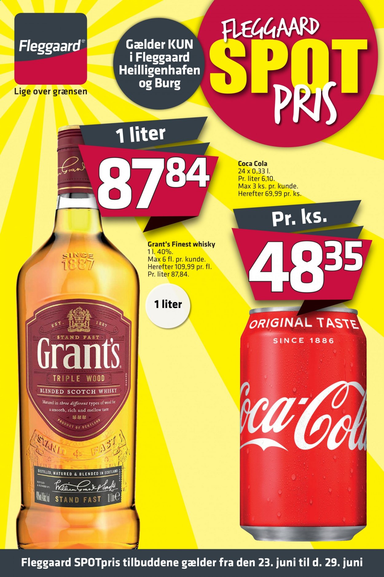 thumbnail - Fleggaard tilbud  - 23.6.2021 - 29.6.2021 - tilbudsprodukter - Coca-Cola, Grant‘s, scotch whisky, whisky. Side 1.