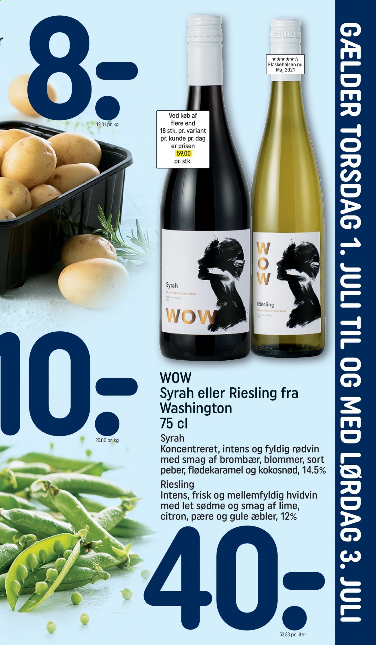 thumbnail - Rema 1000 tilbud  - 27.6.2021 - 3.7.2021 - tilbudsprodukter - æbler, blomme, Lime, hvidvin, Riesling, rødvin. Side 23.