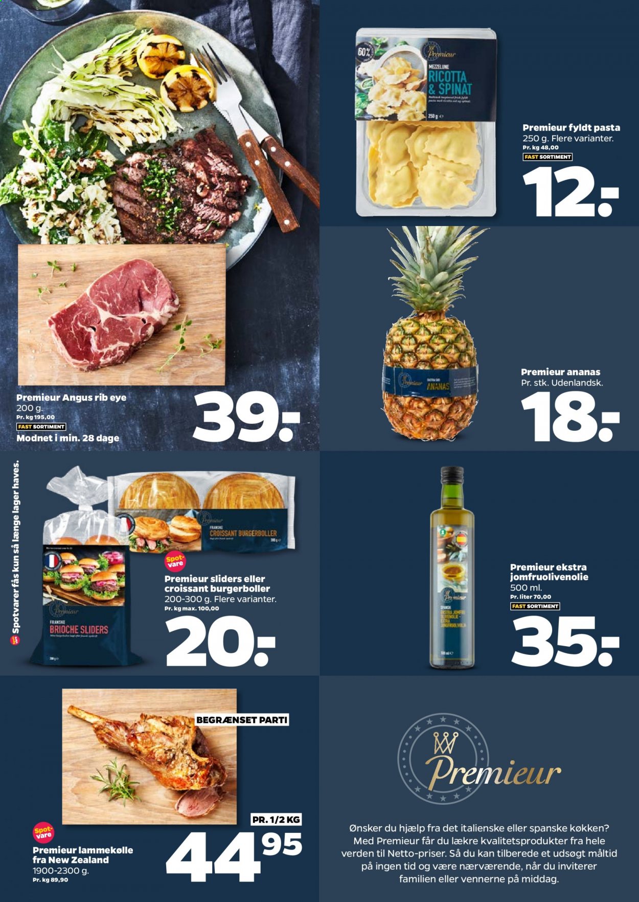 thumbnail - Netto tilbud  - 26.6.2021 - 2.7.2021 - tilbudsprodukter - ananas, spinat, burgerboller, croissant, lammekølle, ricotta, pasta. Side 10.