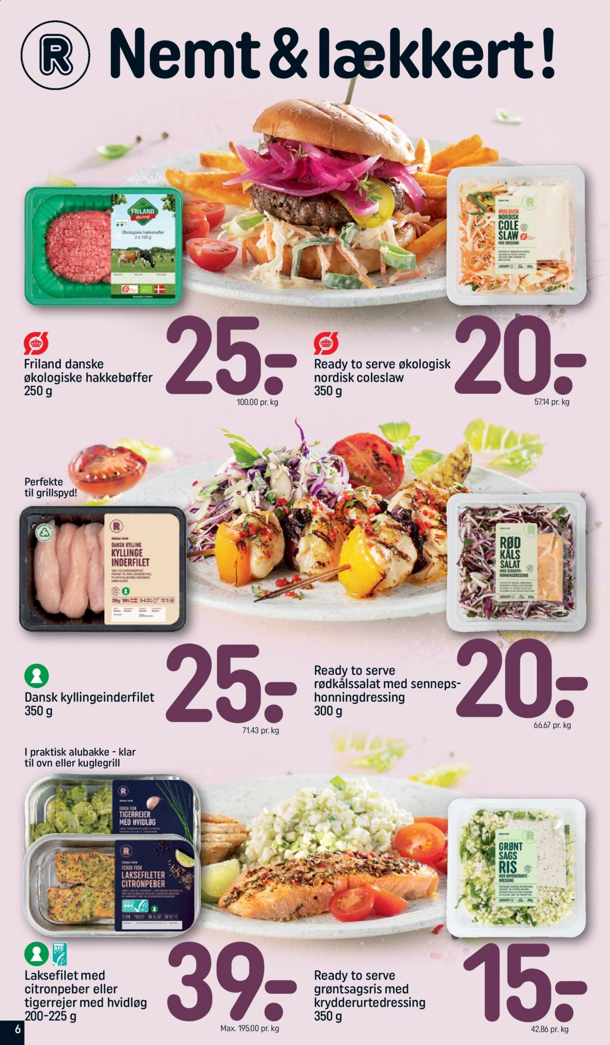 thumbnail - Rema 1000 tilbud  - 11.7.2021 - 17.7.2021 - tilbudsprodukter - hvidløg, hakket oksekød, kylling, laksefilet, tigerrejer, salat, coleslaw, ris, dressing. Side 6.