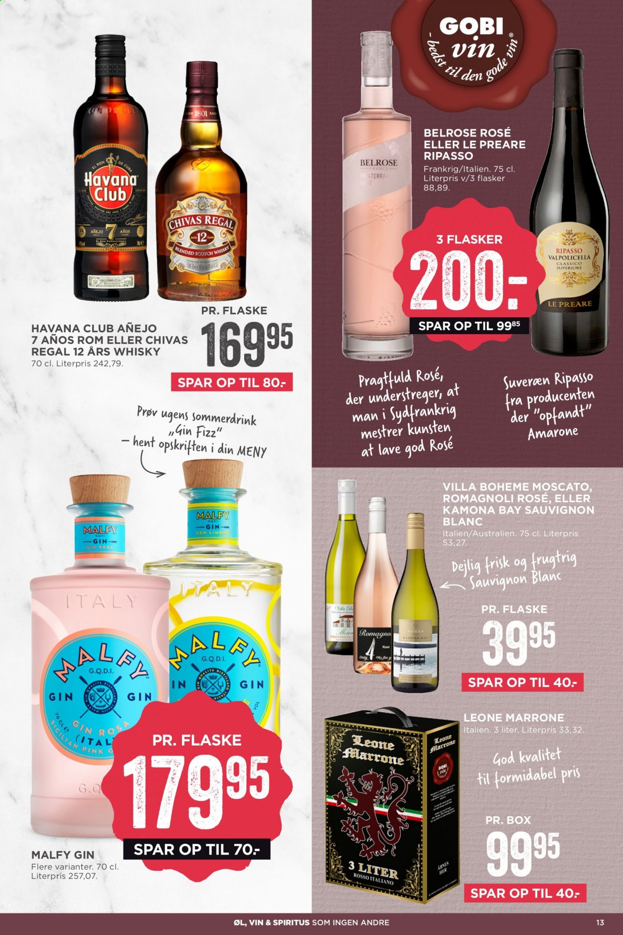 thumbnail - MENY tilbud  - 9.7.2021 - 15.7.2021 - tilbudsprodukter - Sauvignon Blanc, vin, gin, Havana Club, spiritus, whisky. Side 13.