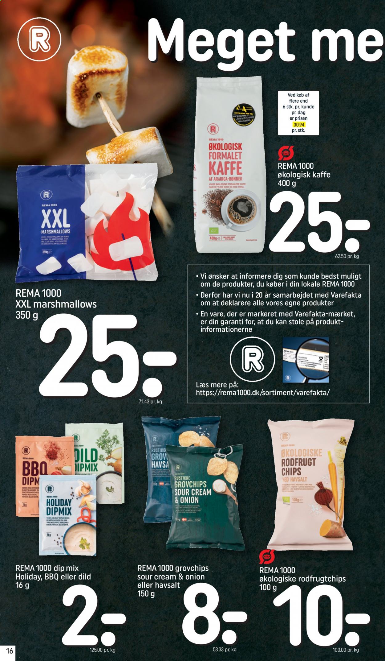 thumbnail - Rema 1000 tilbud  - 18.7.2021 - 24.7.2021 - tilbudsprodukter - Marshmallows, chips, bønner, dild, kaffe. Side 16.