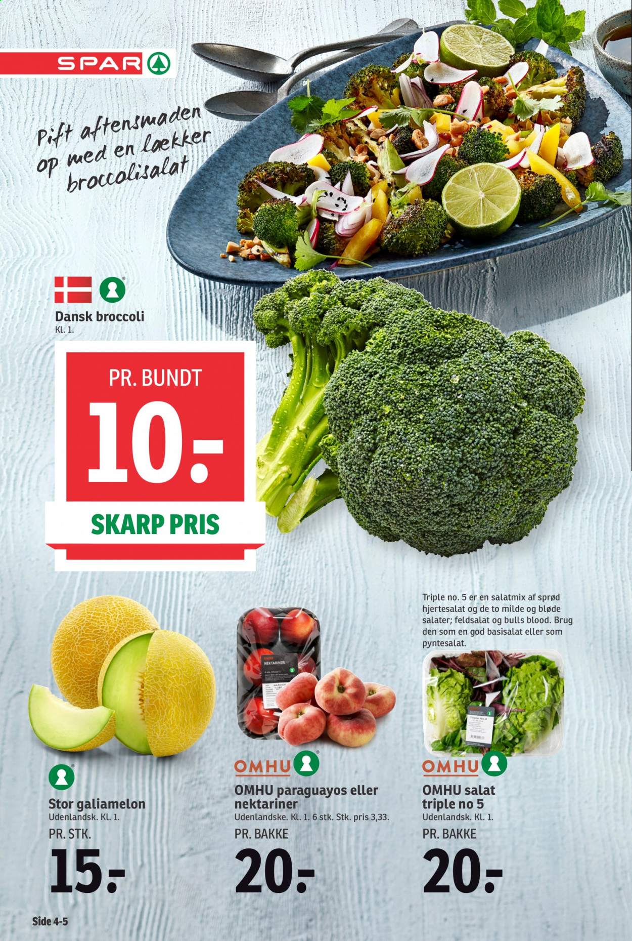 thumbnail - SPAR tilbud  - 17.7.2021 - 23.7.2021 - tilbudsprodukter - galiamelon, nektarin, broccoli, feldsalat, hjertesalat, salat. Side 4.