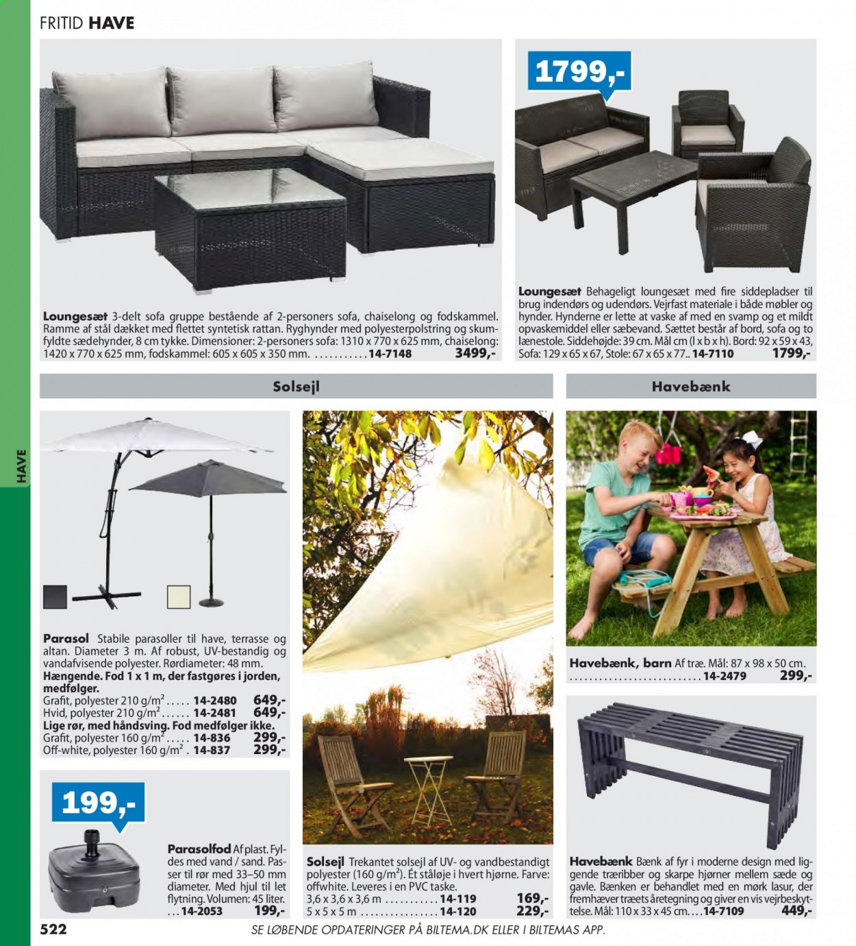 thumbnail - Biltema tilbud  - tilbudsprodukter - loungesæt, bænk, bord, havebænk, sofa, parasol, parasolfod, solsejl. Side 522.