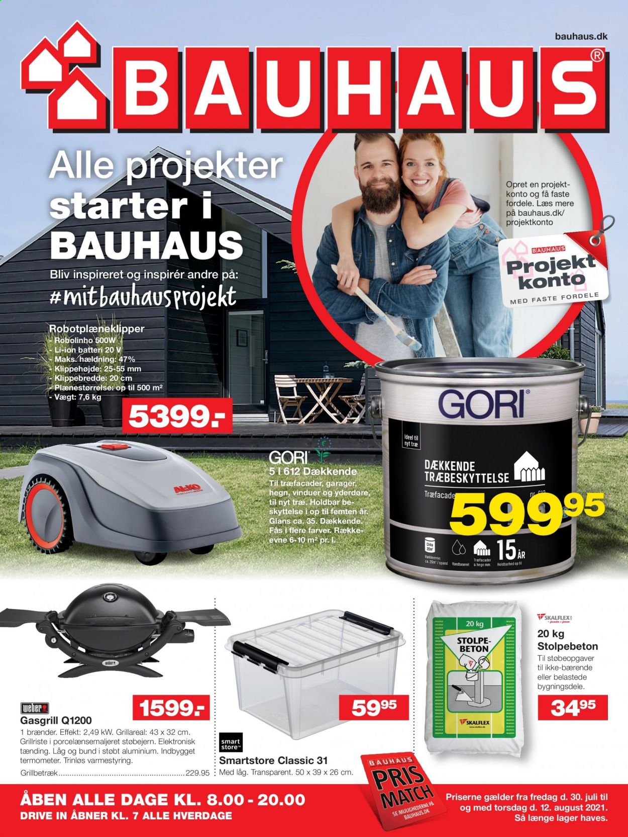 thumbnail - Bauhaus tilbud  - 30.7.2021 - 12.8.2021 - tilbudsprodukter - robotplæneklipper, gasgrill. Side 1.