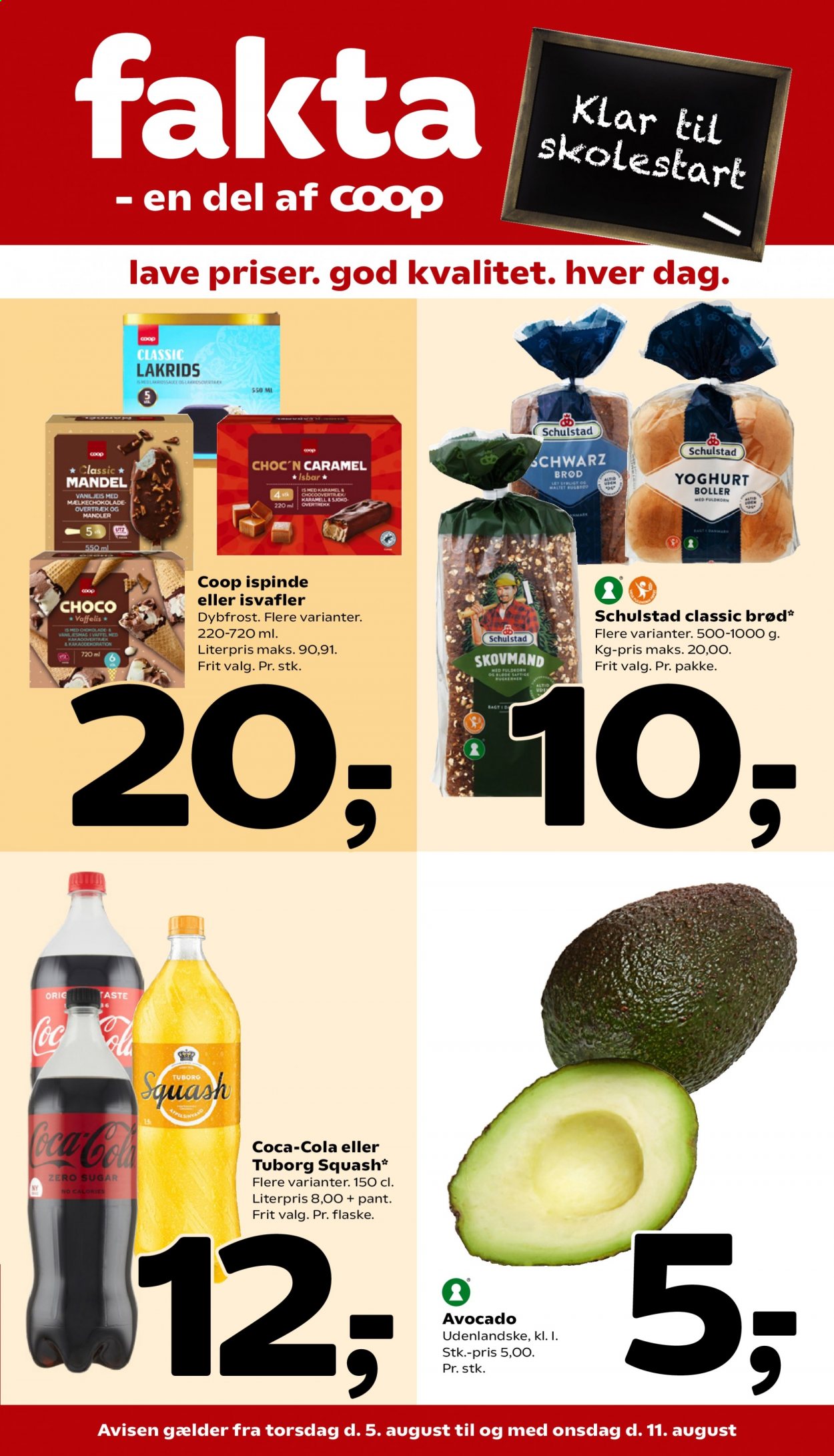Fakta tilbud  - 05.08.2021 - 11.08.2021 - tilbudsprodukter - avocado, Squash, Tuborg, yoghurt, karamel, lakrids, mandler, Coca-Cola. Side 1.