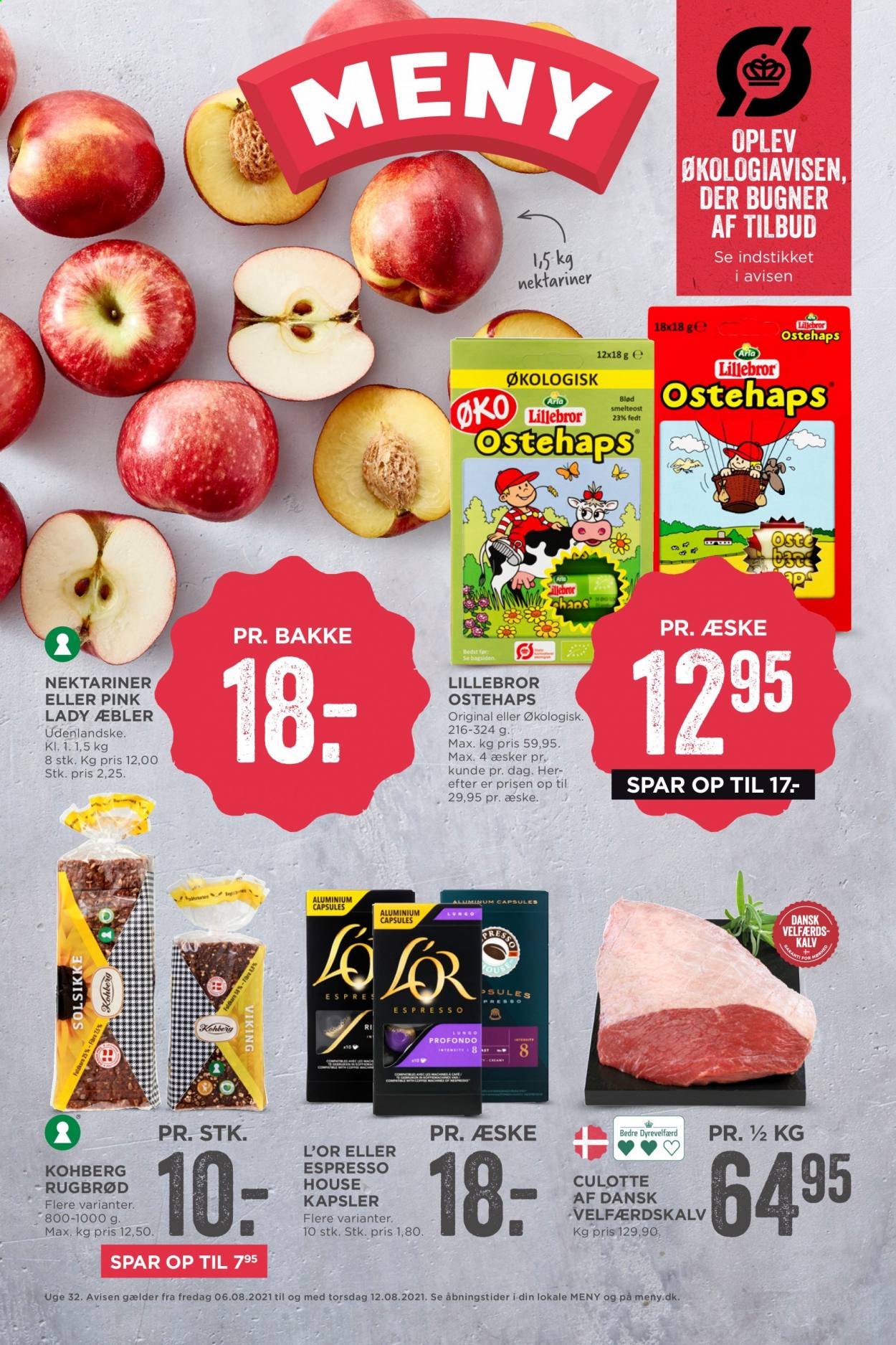 thumbnail - MENY tilbud  - 6.8.2021 - 12.8.2021 - tilbudsprodukter - æbler, nektarin, rugbrød, Arla, espresso. Side 1.