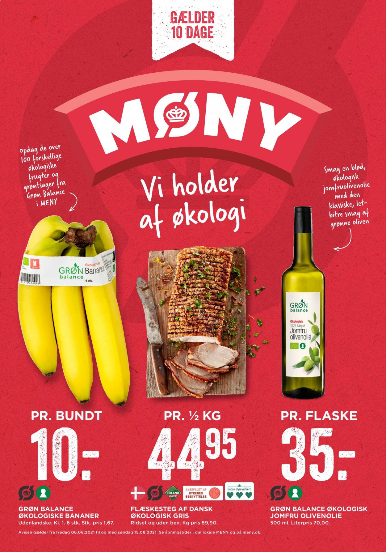 thumbnail - MENY tilbud  - 6.8.2021 - 15.8.2021 - tilbudsprodukter - banan, oliven, flæskesteg, olivenolie. Side 1.