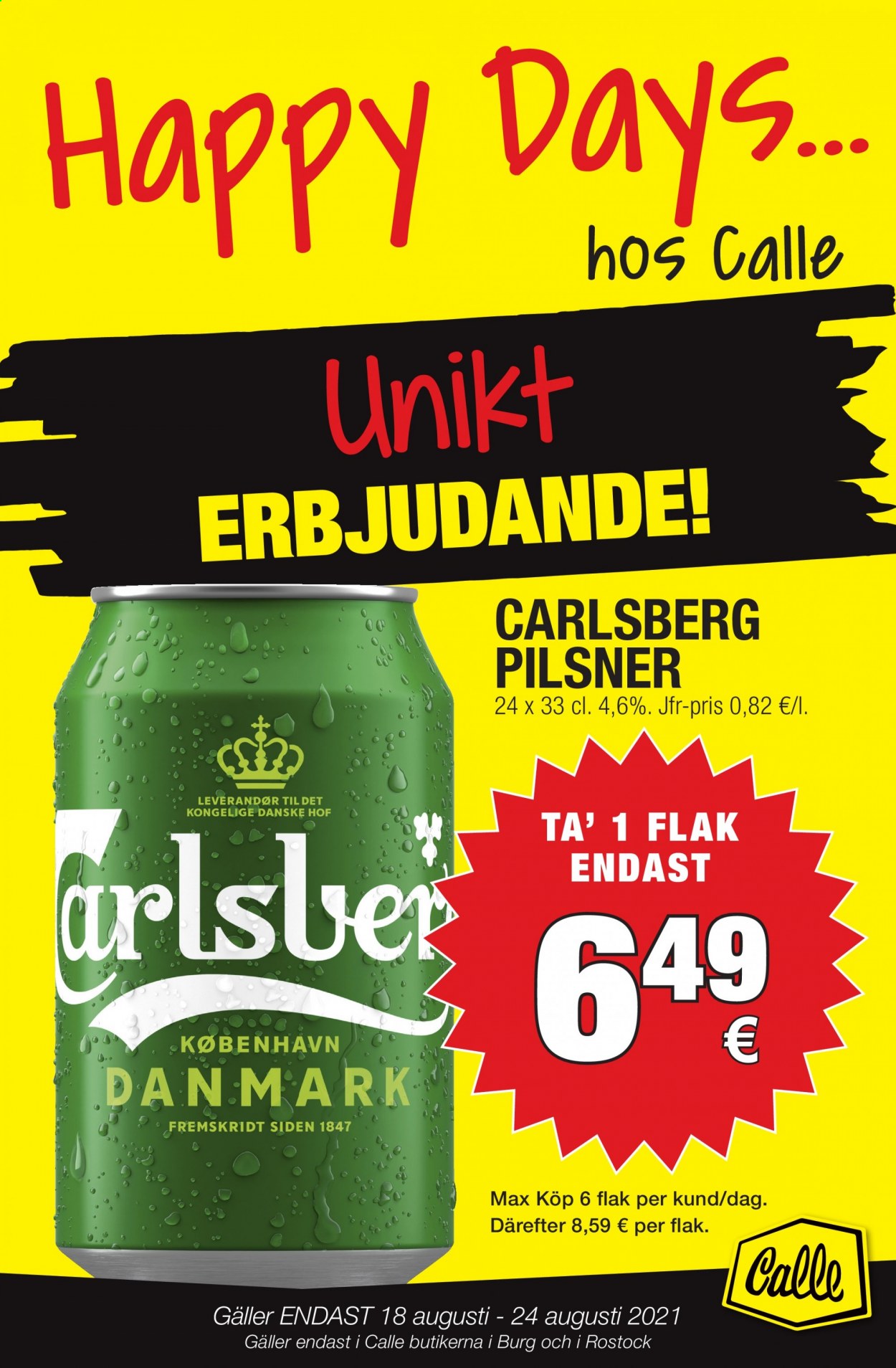 thumbnail - Calle tilbud  - 18.8.2021 - 24.8.2021 - tilbudsprodukter - Carlsberg, øl. Side 1.