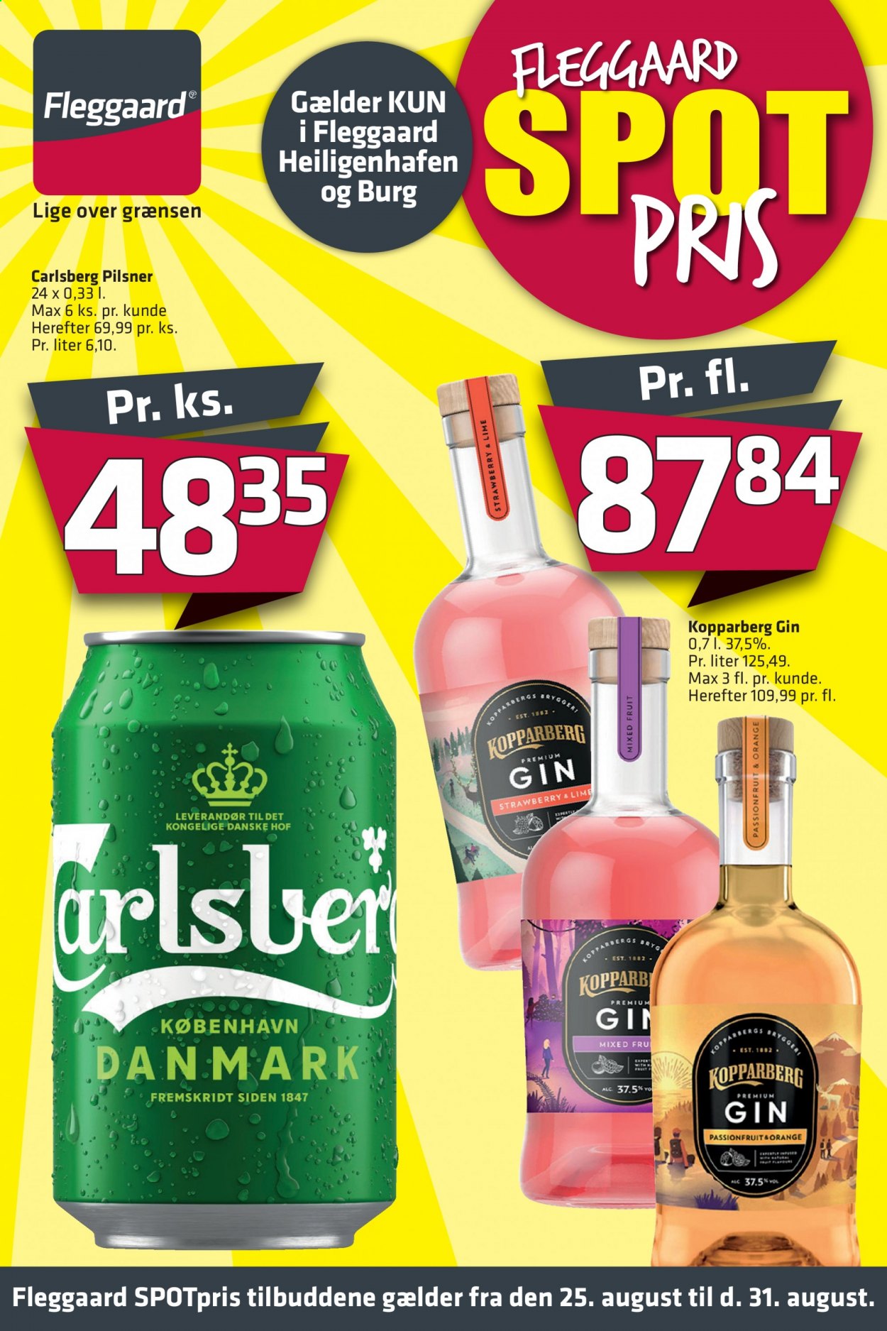 thumbnail - Fleggaard tilbud  - 25.8.2021 - 31.8.2021 - tilbudsprodukter - Lime, Carlsberg, øl, gin. Side 1.