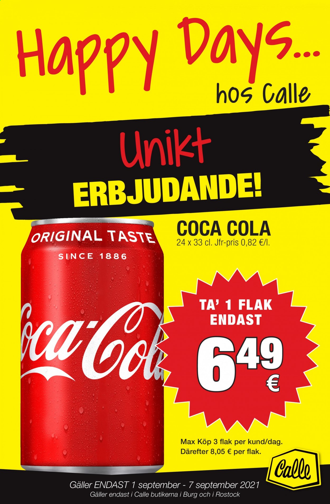thumbnail - Calle tilbud  - 1.9.2021 - 7.9.2021 - tilbudsprodukter - Coca-Cola. Side 1.