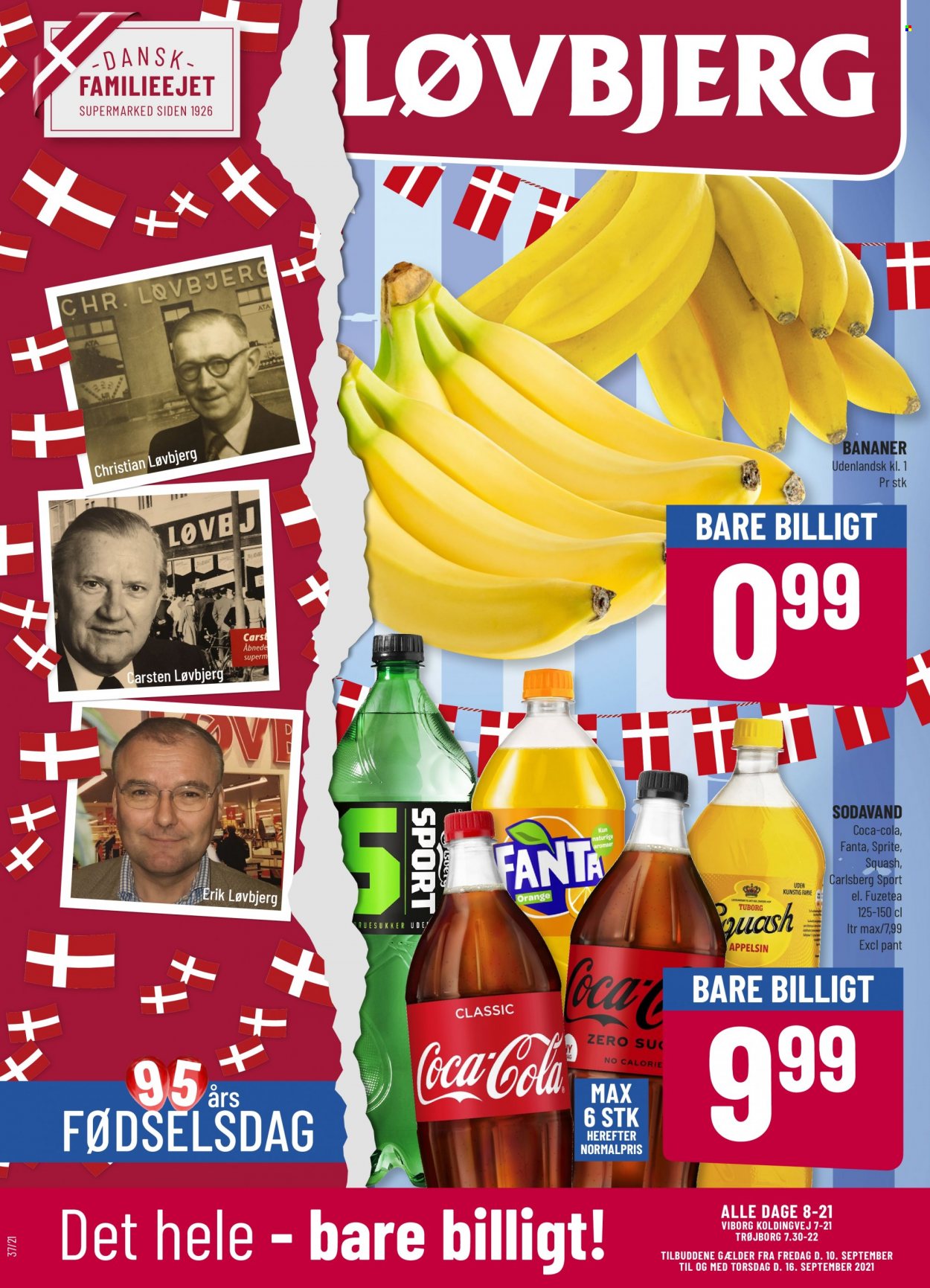 thumbnail - Løvbjerg tilbud  - 10.9.2021 - 16.9.2021 - tilbudsprodukter - appelsin, banan, Squash, Tuborg, Coca-Cola, Fanta, sodavand, Sprite. Side 1.