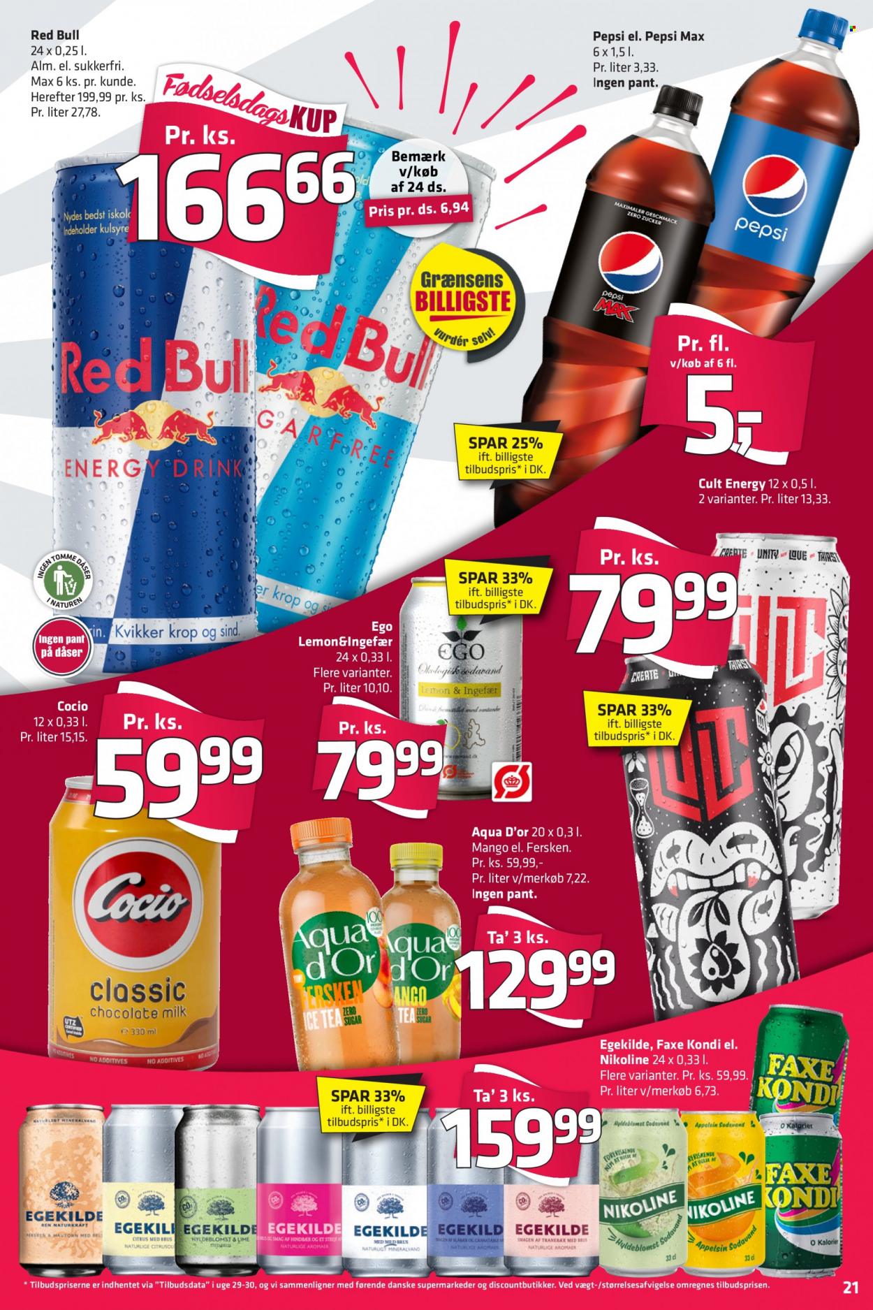 thumbnail - Fleggaard tilbud  - 15.9.2021 - 28.9.2021 - tilbudsprodukter - mango, ingefær, øl, Cocio, Pepsi, red bull, Pepsi Max, Faxe Kondi, Aqua d’Or. Side 32.