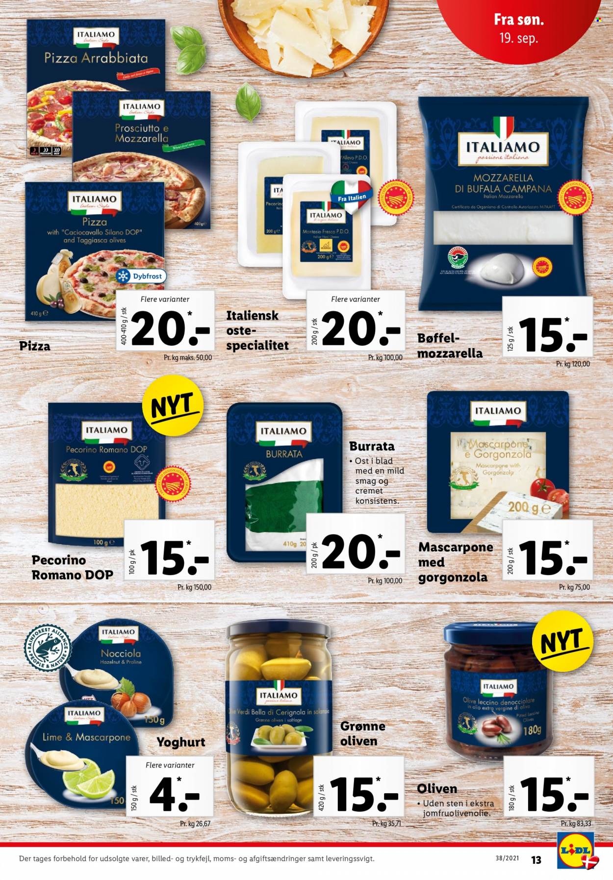 thumbnail - Lidl tilbud  - 19.9.2021 - 25.9.2021 - tilbudsprodukter - oliven, pizza, prosciutto, mascarpone, yoghurt, mel. Side 13.