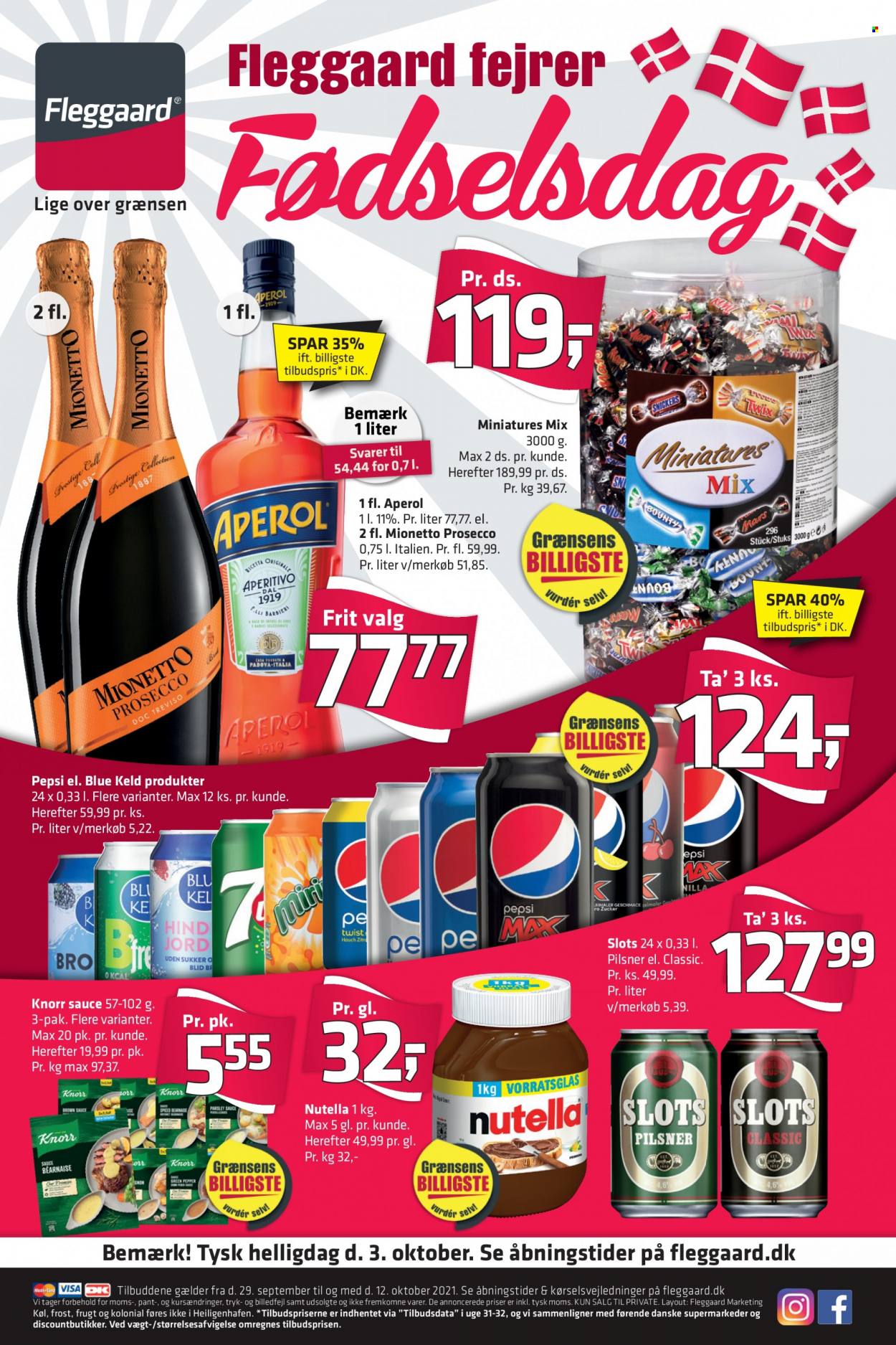 thumbnail - Fleggaard tilbud  - 29.9.2021 - 12.10.2021 - tilbudsprodukter - øl, Blue Keld, Knorr, sauce, Nutella, Pepsi, prosecco, Aperol. Side 1.