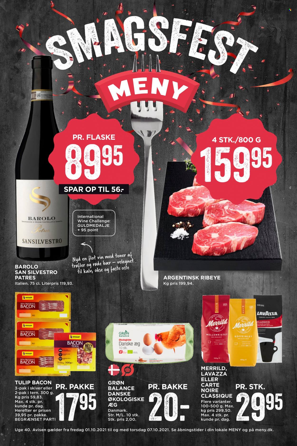 thumbnail - MENY tilbud  - 1.10.2021 - 7.10.2021 - tilbudsprodukter - ribeye, bacon, øko­logiske­æg, vin. Side 1.