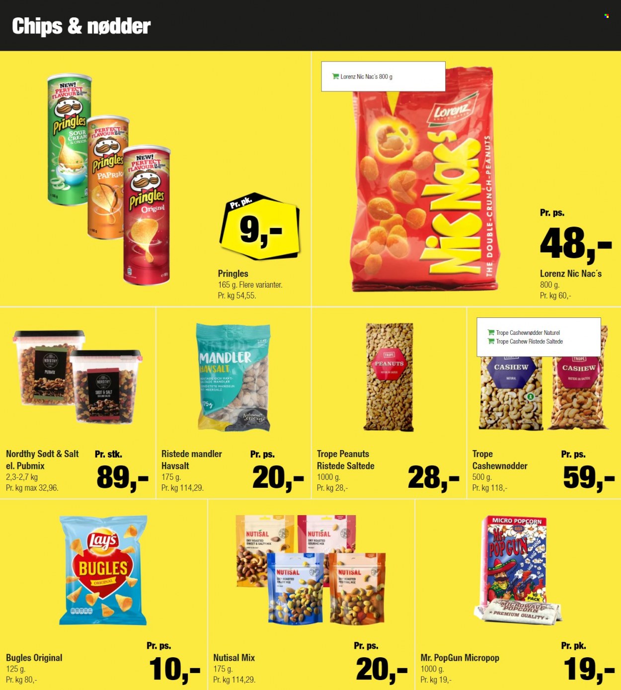 thumbnail - Calle tilbud  - 22.9.2021 - 31.12.2021 - tilbudsprodukter - chips, popcorn, pringles, Lay’s, cashewnødder, mandler, nødder, peanuts. Side 7.
