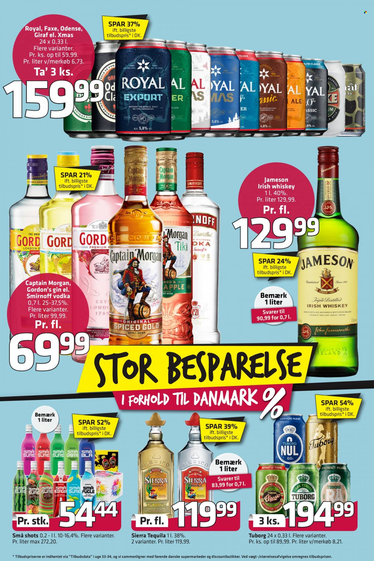 thumbnail - Fleggaard tilbud  - 13.10.2021 - 26.10.2021 - tilbudsprodukter - Tuborg, øl, Captain Morgan, gin, Jameson, Smirnoff, tequila, vodka, whisky, Gordon's. Side 4.