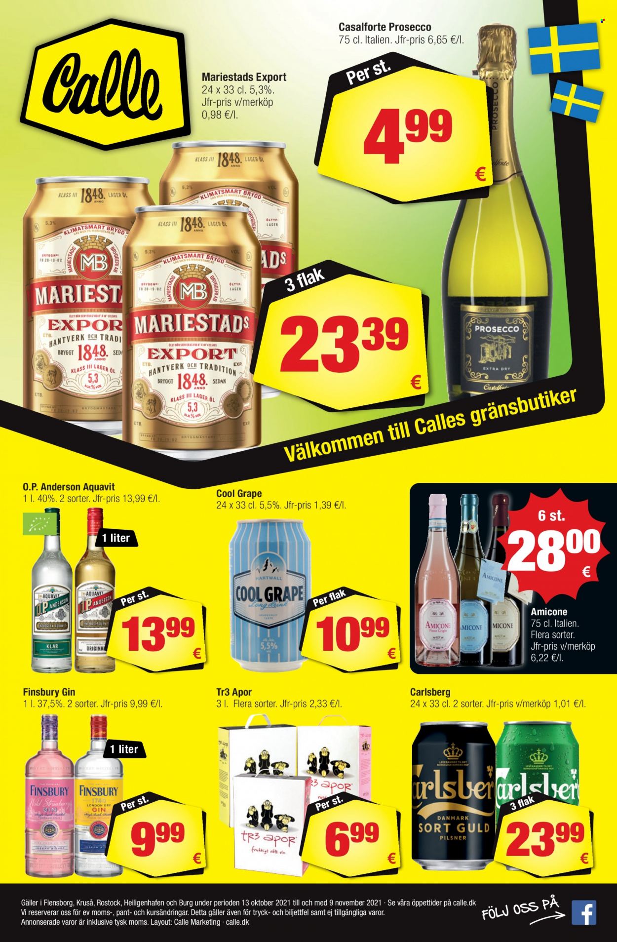 thumbnail - Calle tilbud  - 13.10.2021 - 26.10.2021 - tilbudsprodukter - Carlsberg, øl, prosecco, gin. Side 1.