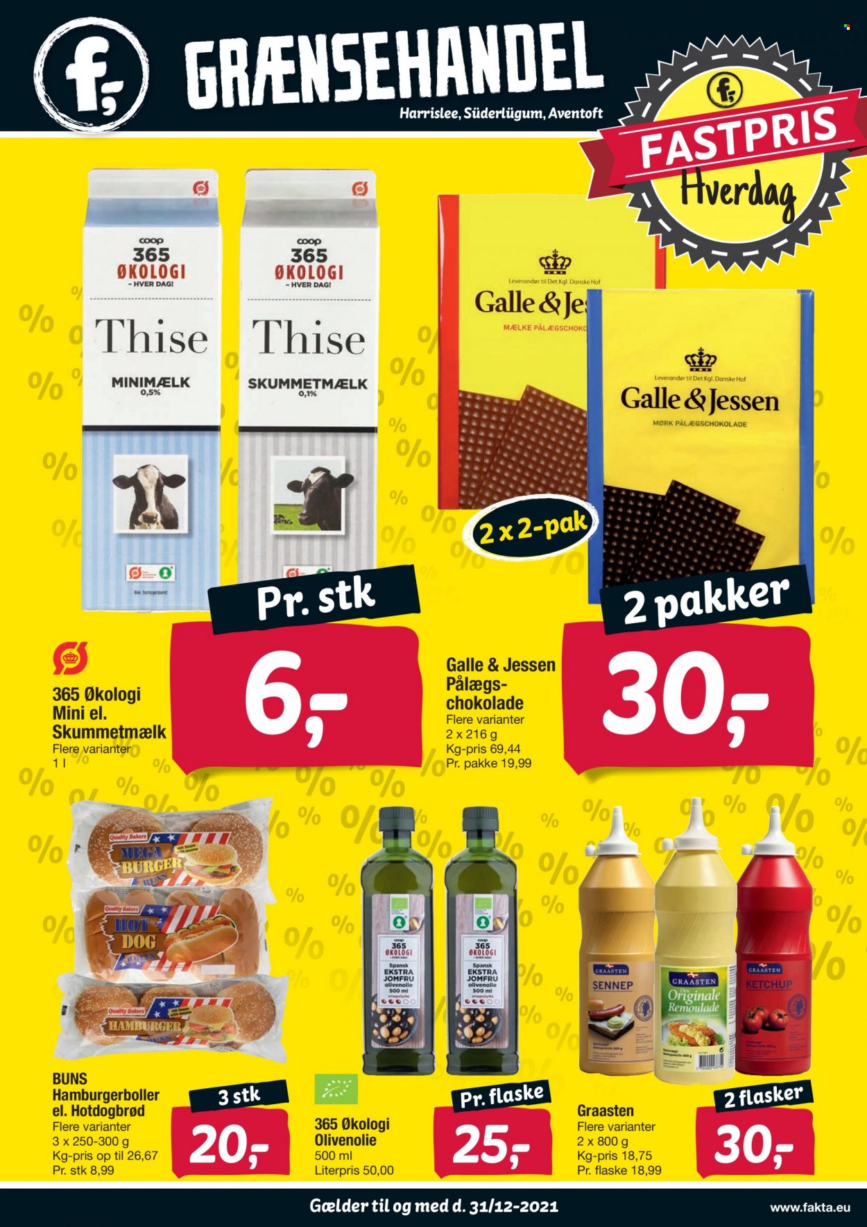 thumbnail - fakta Tyskland tilbud  - 20.10.2021 - 31.12.2021 - tilbudsprodukter - mælk, remoulade, chokolade, pålægschokolade, ketchup, sennep, olivenolie. Side 1.