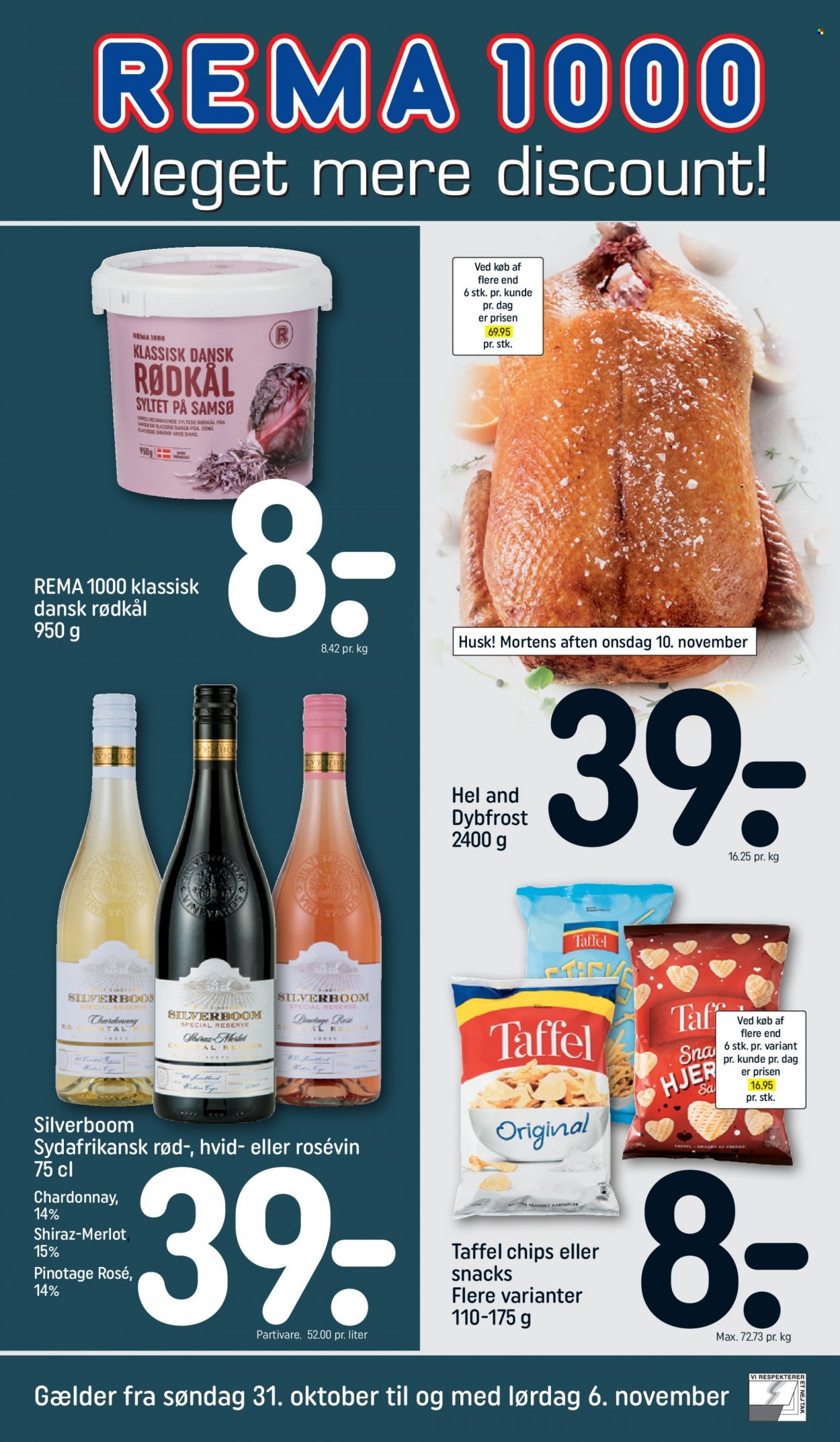 thumbnail - Rema 1000 tilbud  - 31.10.2021 - 6.11.2021 - tilbudsprodukter - rødkål, hel and, chips, Chardonnay, Merlot, vin, Shiraz. Side 1.