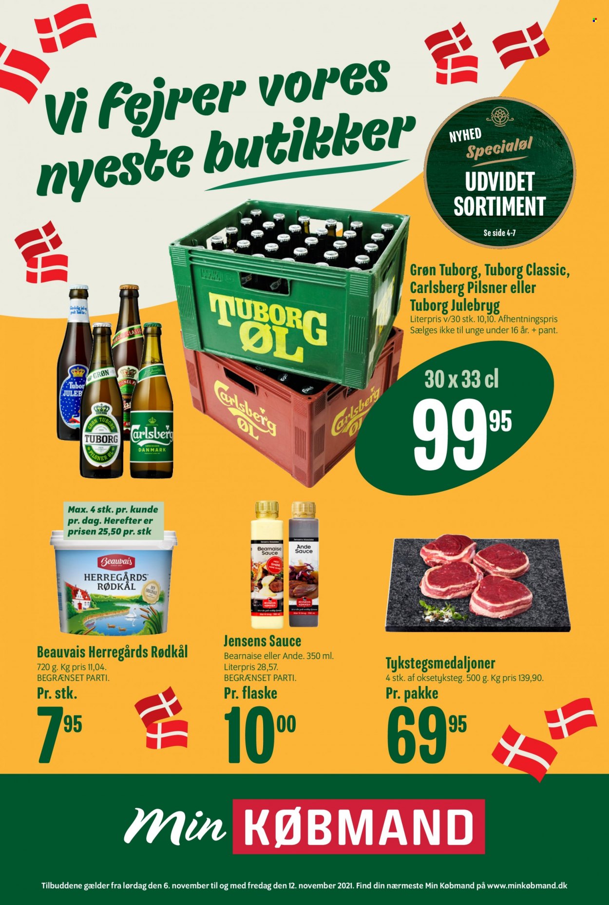 thumbnail - Min Købmand tilbud  - 6.11.2021 - 12.11.2021 - tilbudsprodukter - rødkål, Carlsberg, Tuborg, øl, mel, sauce, bearnaise sauce. Side 1.