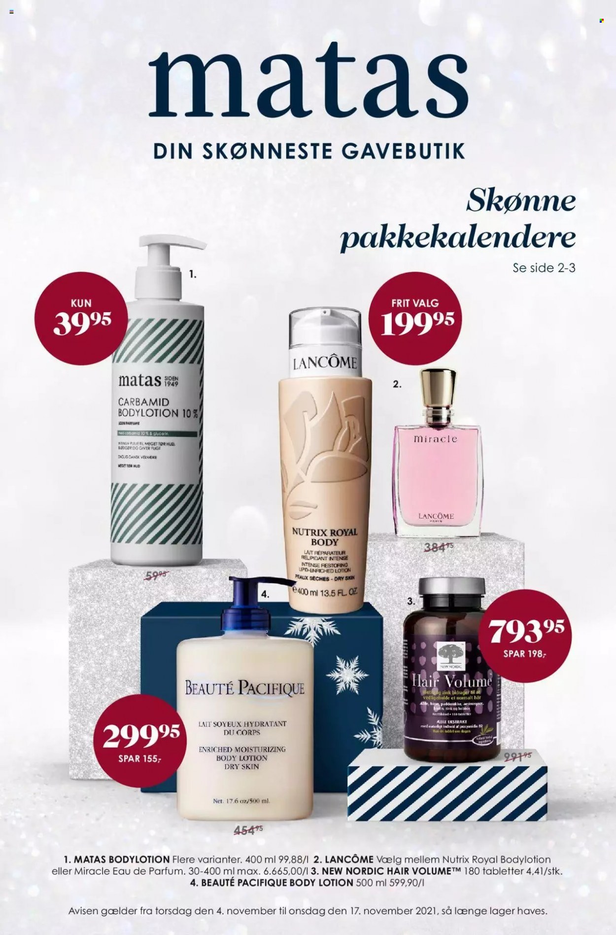 thumbnail - Matas tilbud  - 4.11.2021 - 17.11.2021 - tilbudsprodukter - Beaute Pacifique, Lancôme, body lotion, eau de parfum. Side 1.