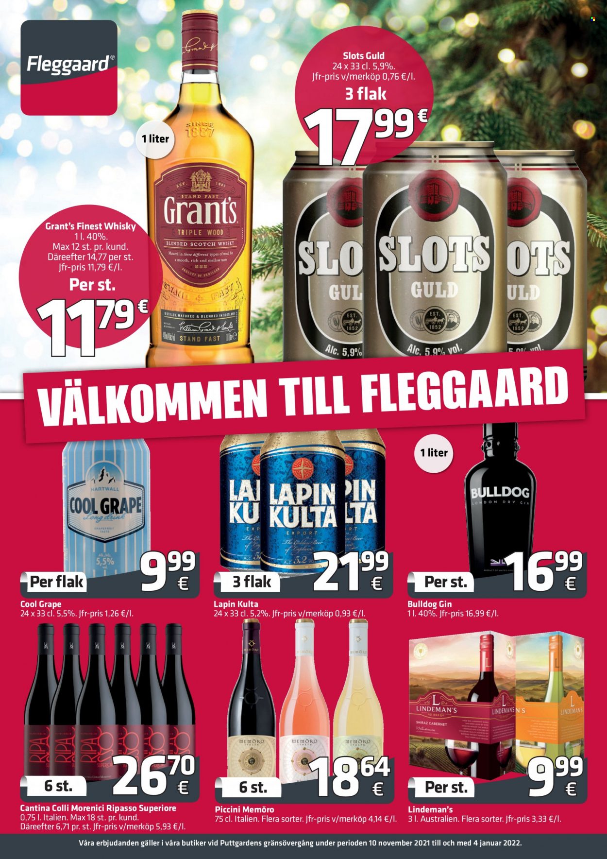 thumbnail - Fleggaard tilbud  - 10.11.2021 - 4.1.2022 - tilbudsprodukter - vin, Bulldog, gin, Grant‘s, whisky. Side 1.
