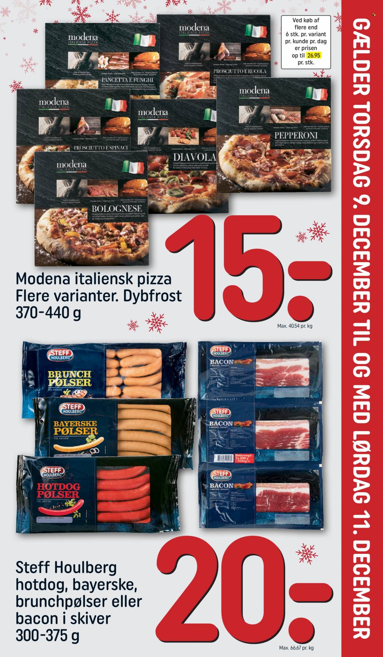thumbnail - Rema 1000 tilbud  - 9.12.2021 - 11.12.2021 - tilbudsprodukter - rucola, hot dog, pizza, Steff Houlberg, bacon, Pancetta, prosciutto, hotdog pølser, pølser. Side 1.