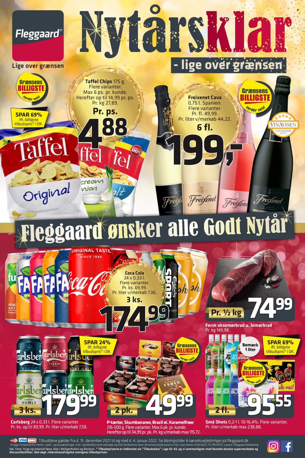 Fleggaard tilbud  - 15.12.2021 - 04.01.2022 - tilbudsprodukter - oksemørbrad, oksekød, Carlsberg, øl, chips, Coca-Cola. Side 1.