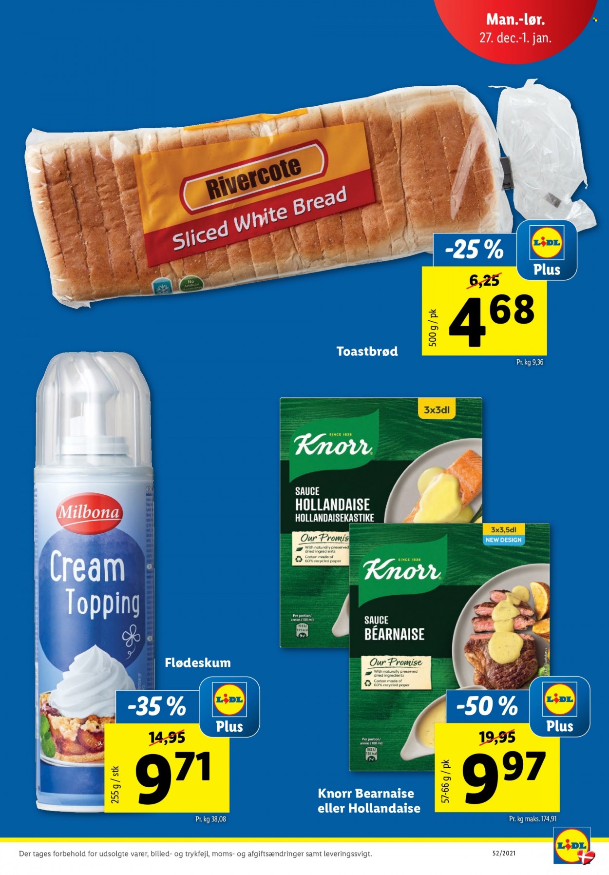 thumbnail - Lidl tilbud  - 27.12.2021 - 1.1.2022 - tilbudsprodukter - Knorr, Milbona, flødeskum, sauce, topping. Side 3.