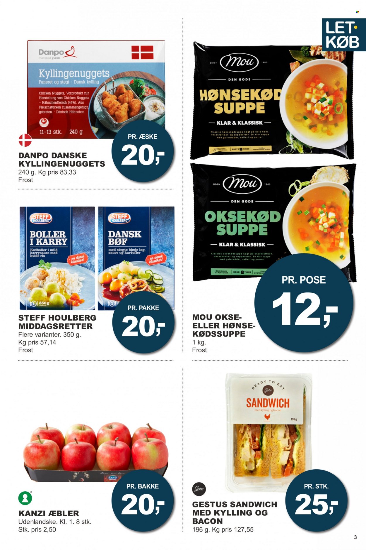 thumbnail - Let-Køb tilbud  - 3.1.2022 - 16.1.2022 - tilbudsprodukter - æbler, oksekød, sandwich, boller, kyllinge nuggets, Steff Houlberg, suppe, færdigretter, frikadeller, bacon, ris, sauce. Side 3.