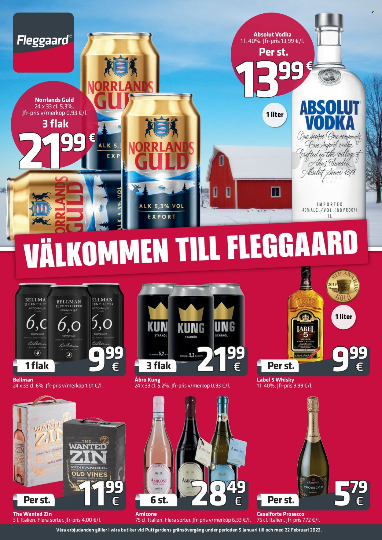 thumbnail - Fleggaard tilbud  - 5.1.2022 - 22.2.2022 - tilbudsprodukter - prosecco, vin, Zinfandel, Absolut, scotch whisky, vodka, whisky. Side 1.