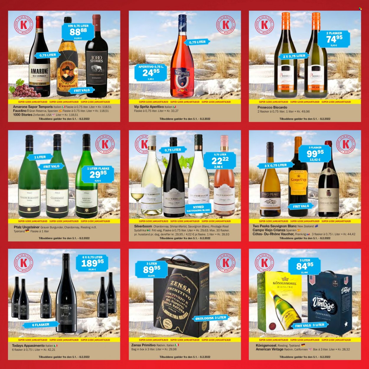 thumbnail - Købmandsgården tilbud  - 5.1.2022 - 8.2.2022 - tilbudsprodukter - Chardonnay, Merlot, prosecco, Riesling, rødvin, Sauvignon Blanc, vin, Zinfandel, Shiraz. Side 5.