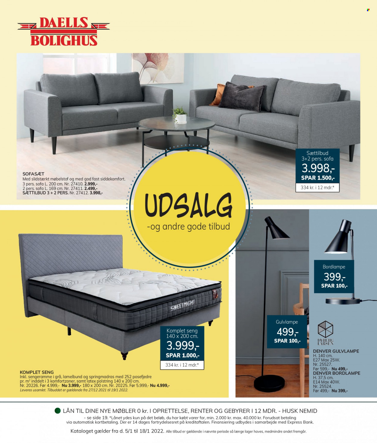 Daells Bolighus tilbud  - 05.01.2022 - 18.01.2022 - tilbudsprodukter - sofa, sofasæt, seng, bordlampe, gulvlampe. Side 1.