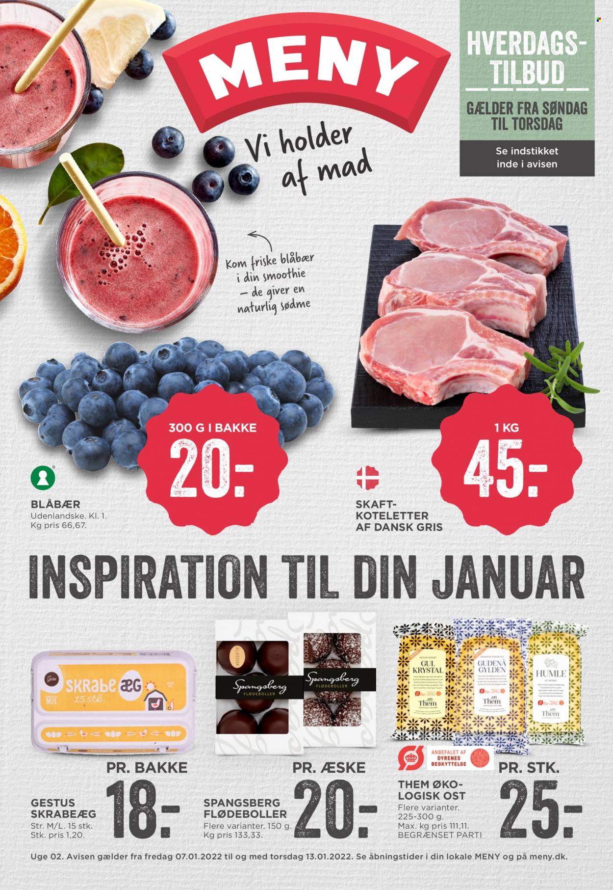 thumbnail - MENY tilbud  - 7.1.2022 - 13.1.2022 - tilbudsprodukter - koteletter, dansk gris, flødebolle, skrabeæg, smoothie. Side 1.