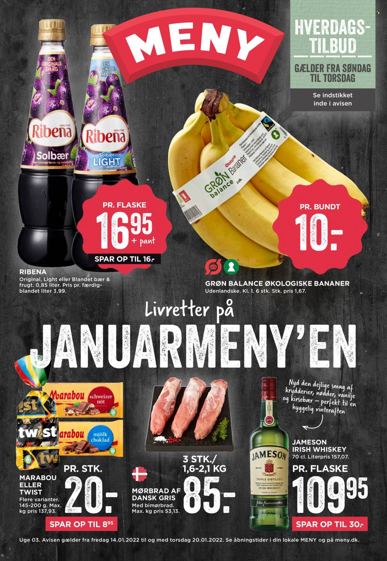 thumbnail - MENY tilbud  - 14.1.2022 - 20.1.2022 - tilbudsprodukter - banan, kirsebær, mørbrad, oksemørbrad, oksekød, dansk gris, Marabou, Twist, vanilje, krydderier, nødder, Ribena, Jameson, whisky. Side 1.