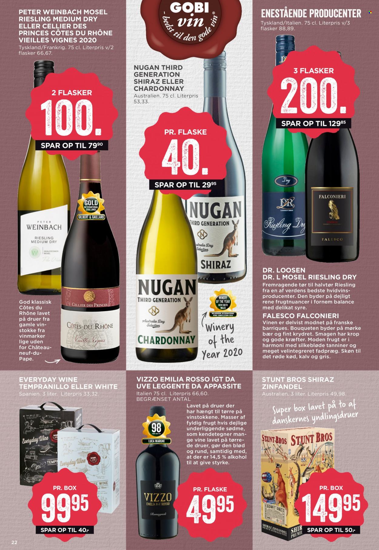 thumbnail - MENY tilbud  - 14.1.2022 - 20.1.2022 - tilbudsprodukter - Côtes du Rhône, Chardonnay, Riesling, vin, Zinfandel, Shiraz. Side 22.