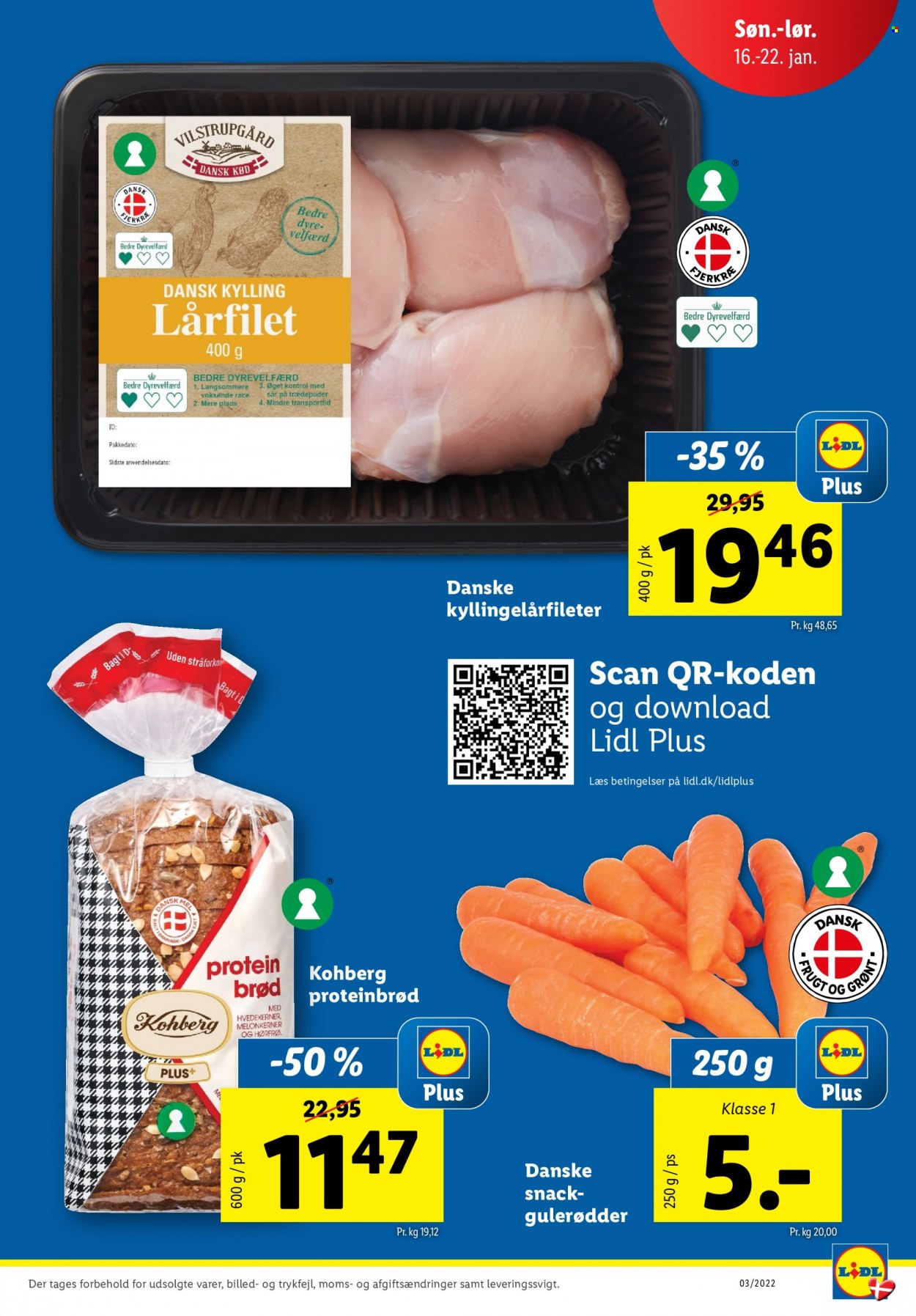 thumbnail - Lidl tilbud  - 16.1.2022 - 22.1.2022 - tilbudsprodukter - gulerod, brød, kylling, lårfilet, mel, hørfrø. Side 3.