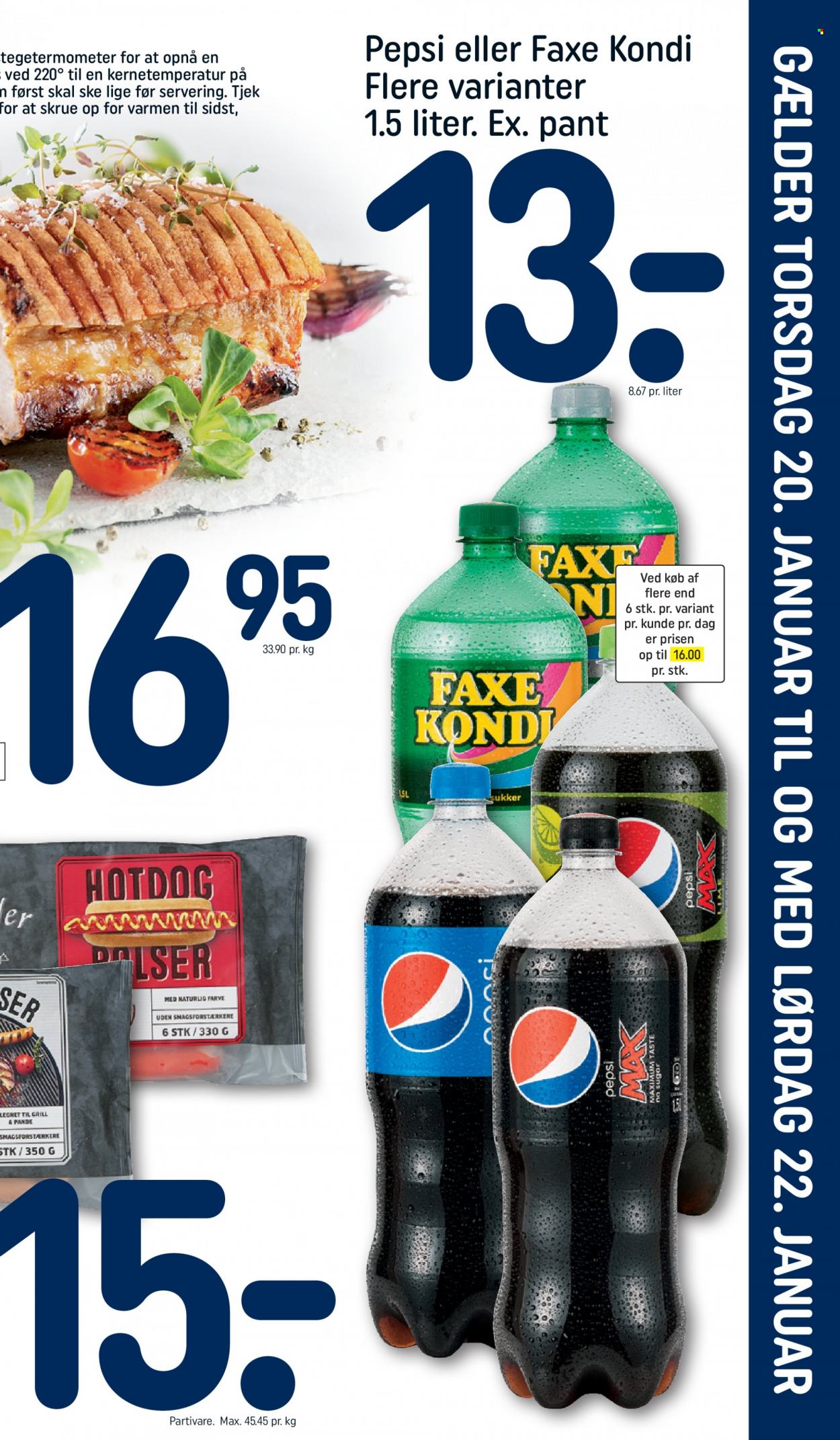 thumbnail - Rema 1000 tilbud  - 16.1.2022 - 22.1.2022 - tilbudsprodukter - øl, hot dog, sukker, Pepsi, Faxe Kondi. Side 27.