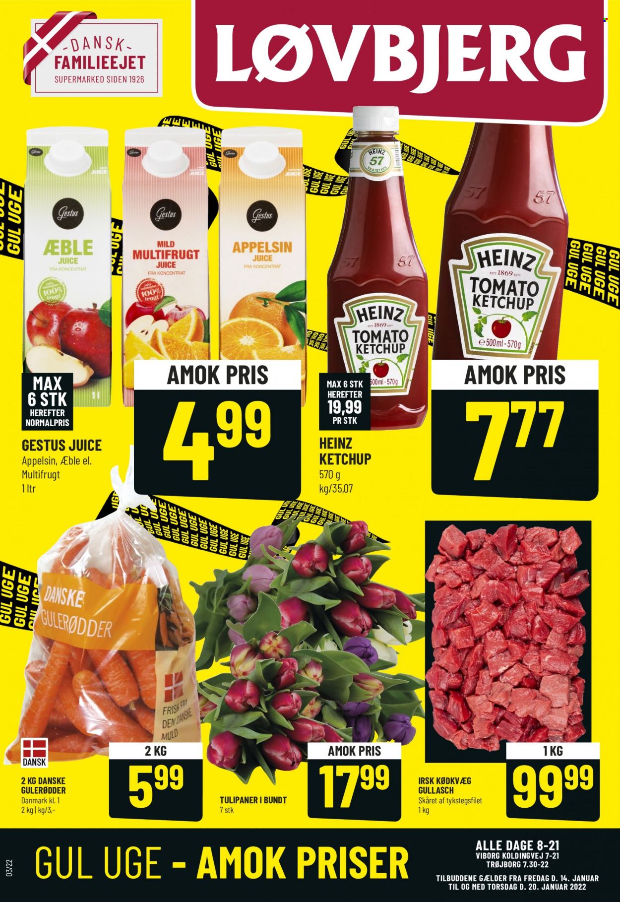 thumbnail - Løvbjerg tilbud  - 14.1.2022 - 20.1.2022 - tilbudsprodukter - gulerod, tykstegsfilet, oksekød, Heinz, ketchup, saft, tulipaner. Side 1.
