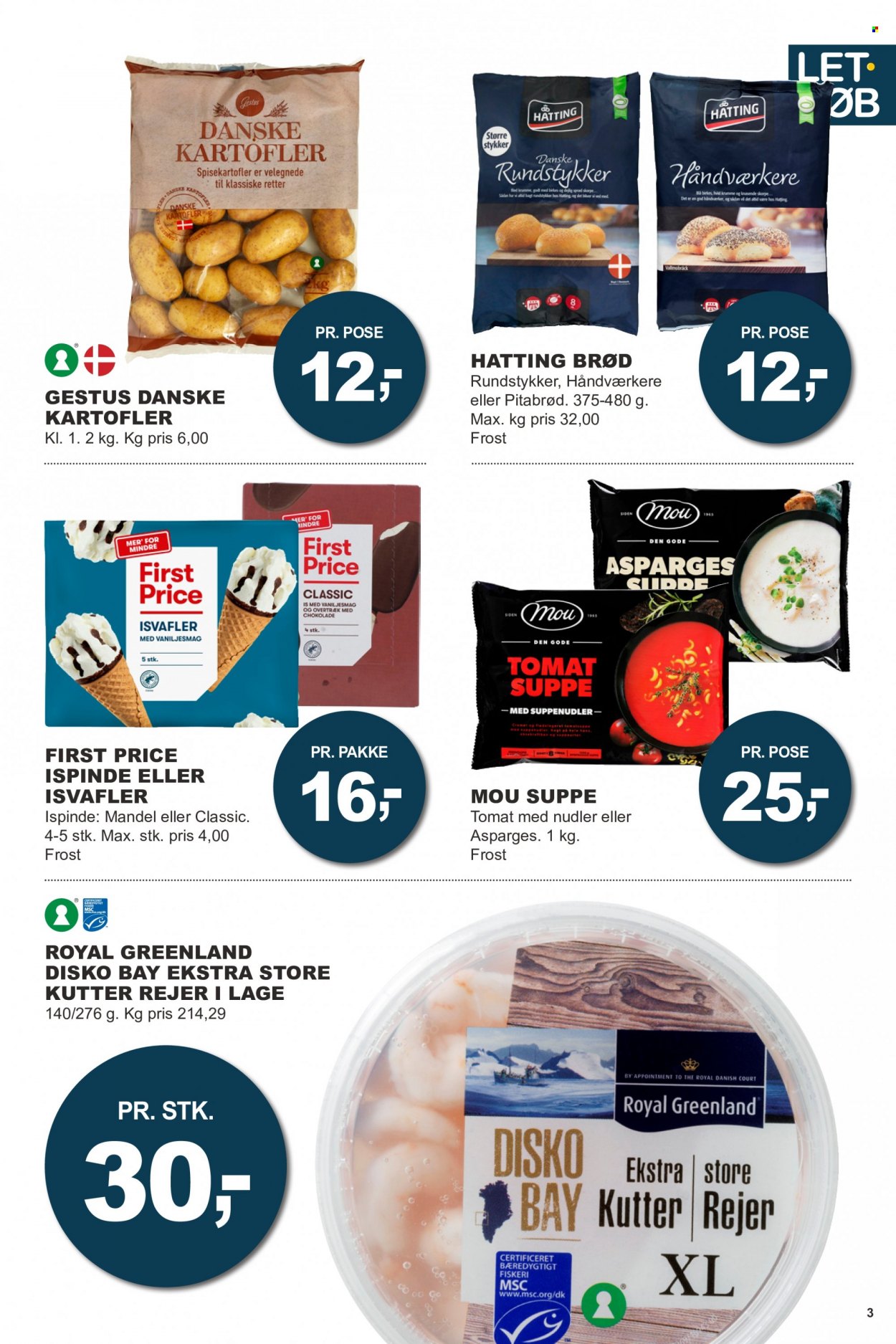 thumbnail - Let-Køb tilbud  - 17.1.2022 - 30.1.2022 - tilbudsprodukter - asparges, kartofler, brød, pitabrød, rejer, nudler, suppe, flødeis, isvafler, chokolade. Side 3.
