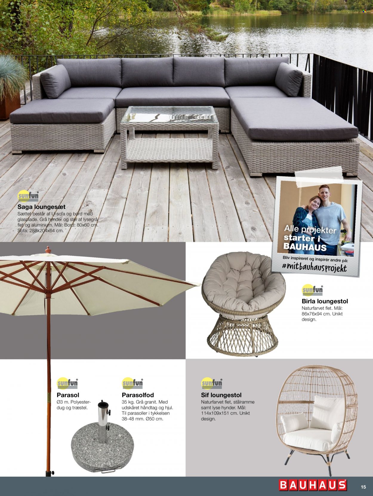 thumbnail - Bauhaus tilbud  - tilbudsprodukter - loungesæt, sofa, parasol, parasolfod. Side 15.