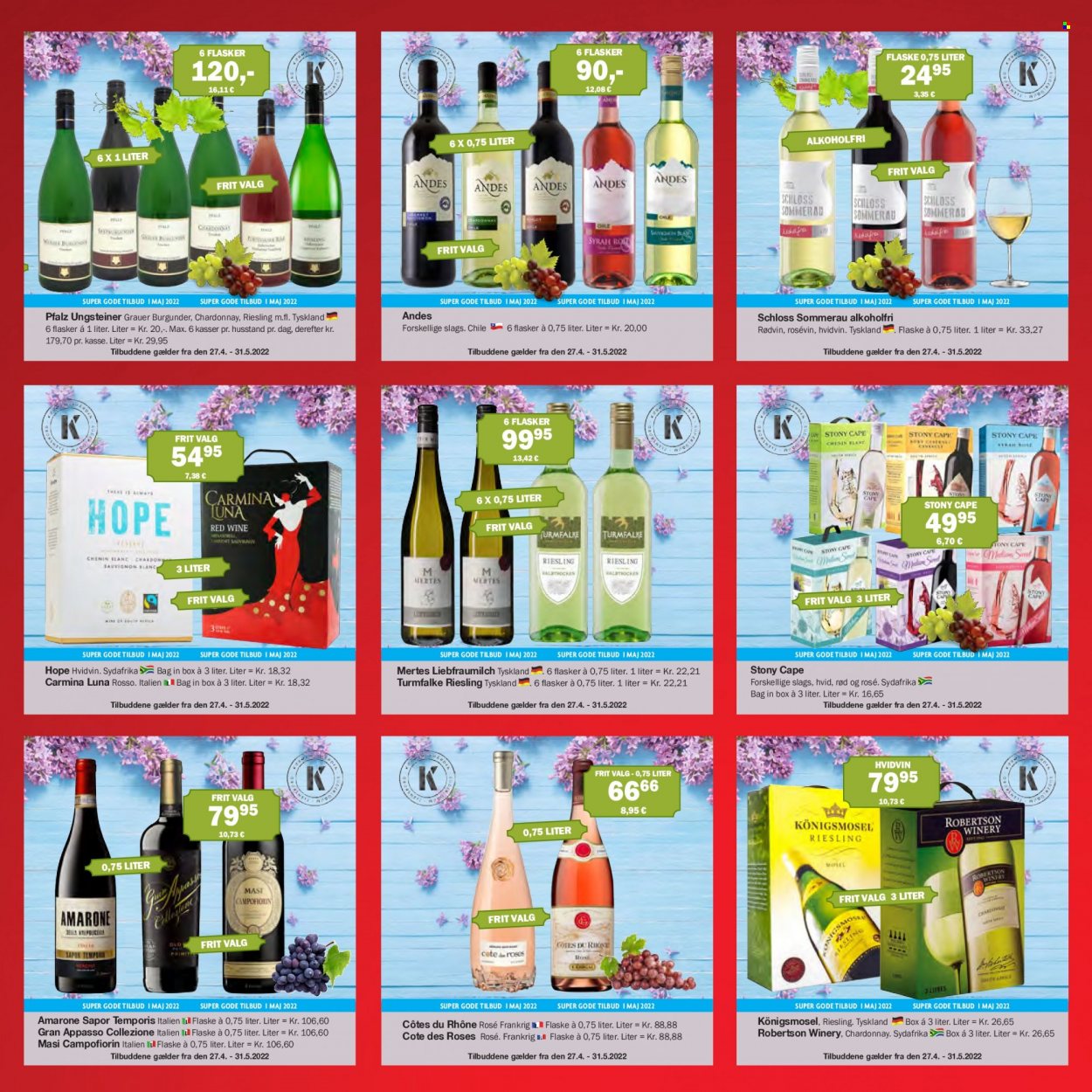 thumbnail - Købmandsgården tilbud  - 27.4.2022 - 31.5.2022 - tilbudsprodukter - Côtes du Rhône, hvidvin, Chardonnay, Riesling, rødvin, vin, Appasso. Side 5.